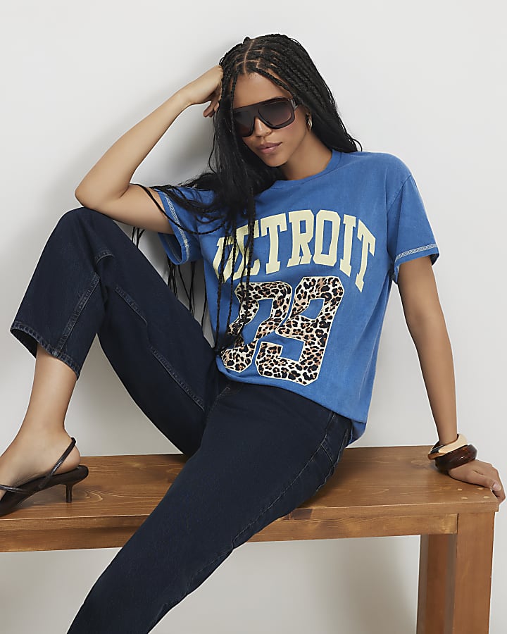 Blue Cotton Detroit Boyfriend T-shirt