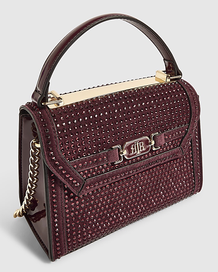 Burgundy Embellished Mini Tote Crossbody Bag