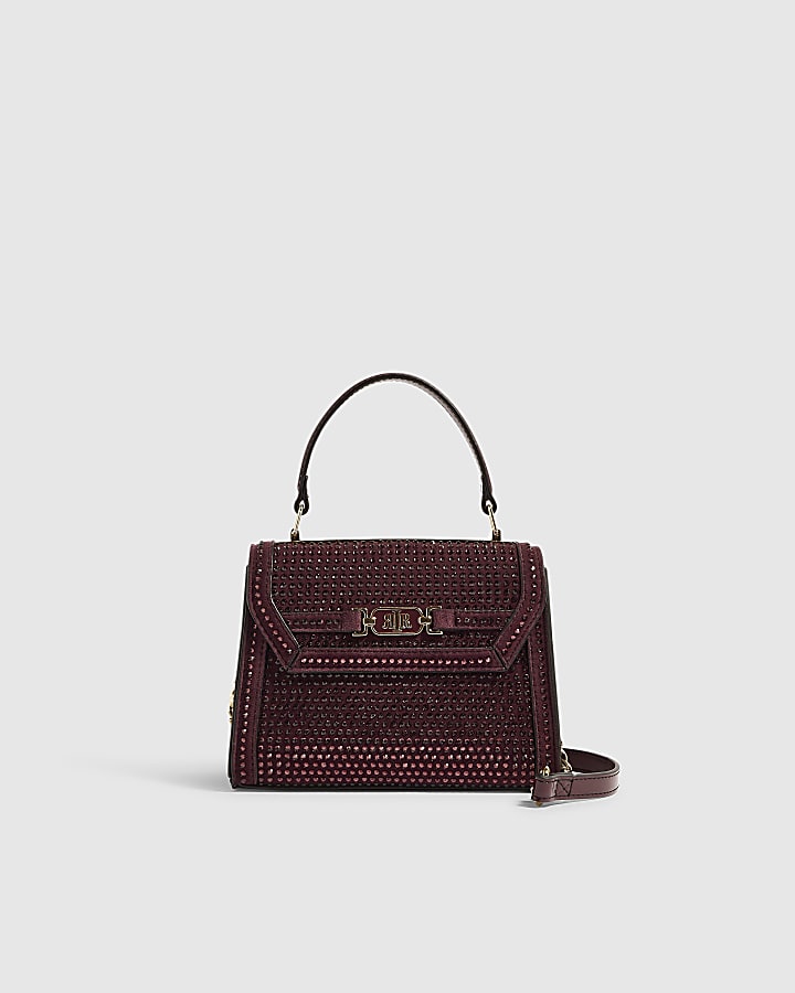 Burgundy Embellished Mini Tote Crossbody Bag