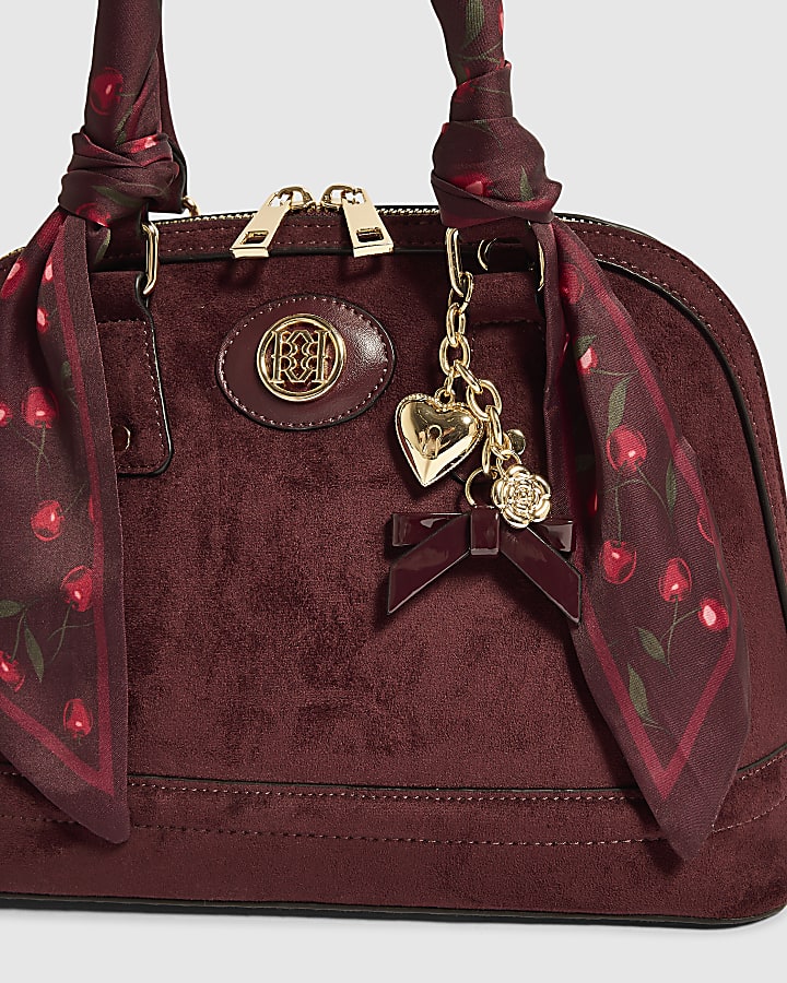 Burgundy Faux Suede Cherry Scarf Tote Bag