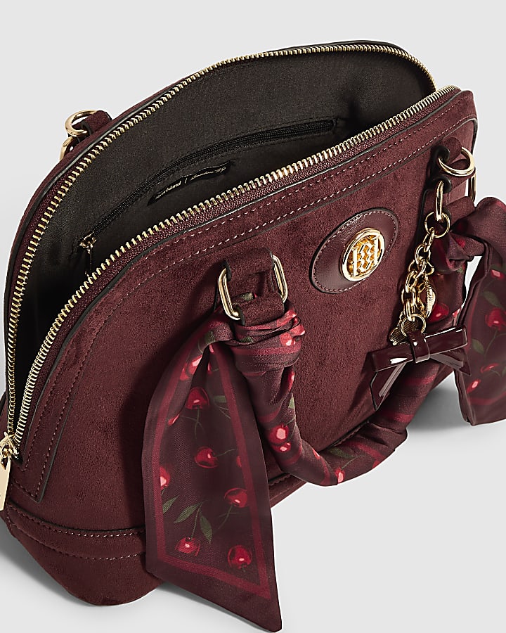 Burgundy Faux Suede Cherry Scarf Tote Bag