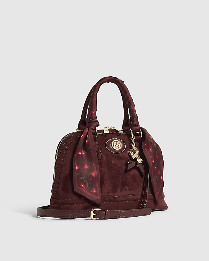 Burgundy Faux Suede Cherry Scarf Tote Bag