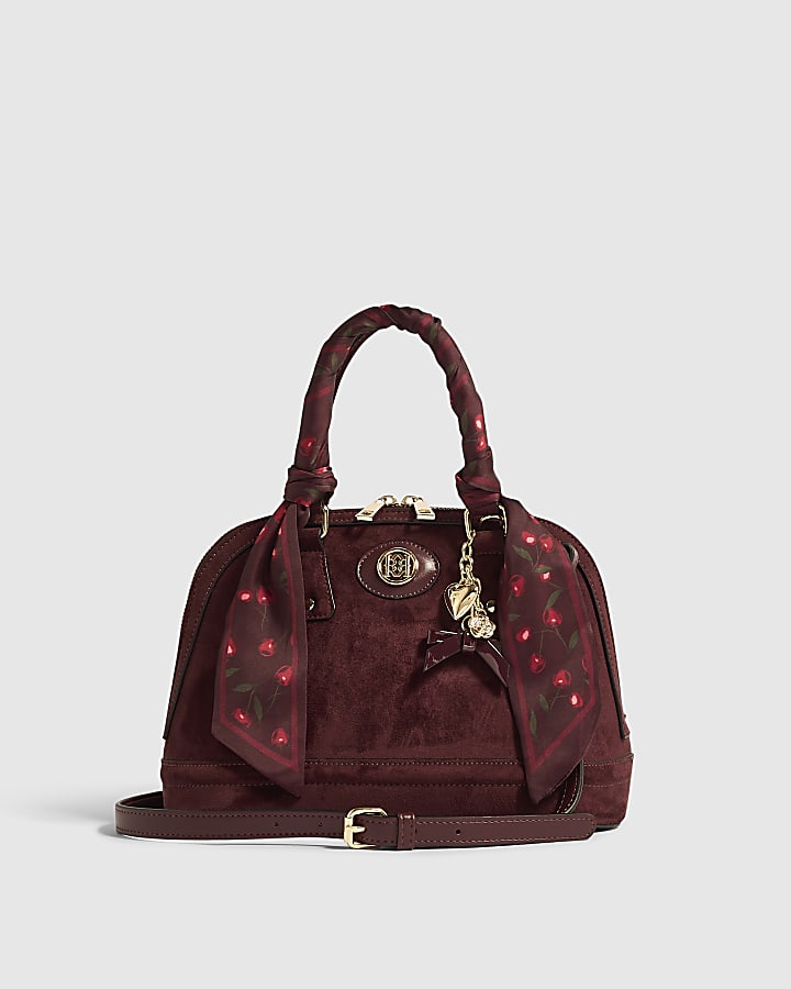 Burgundy Faux Suede Cherry Scarf Tote Bag