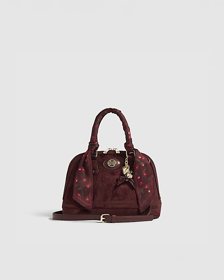 Burgundy Faux Suede Cherry Scarf Tote Bag