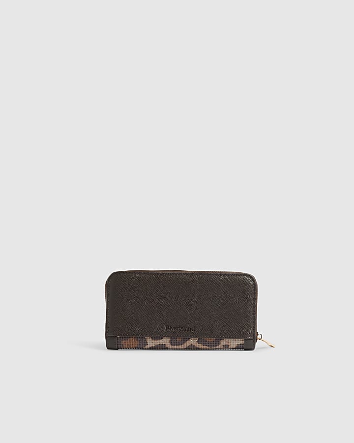 Brown Leopard Print Diamante Ziparound Purse