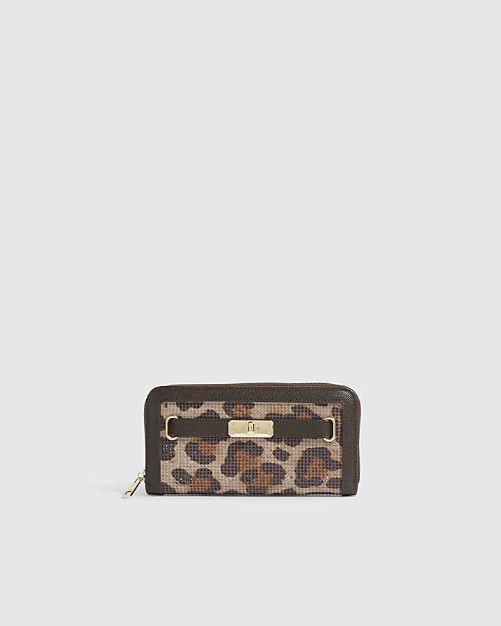 Brown Leopard Print Diamante Ziparound Purse