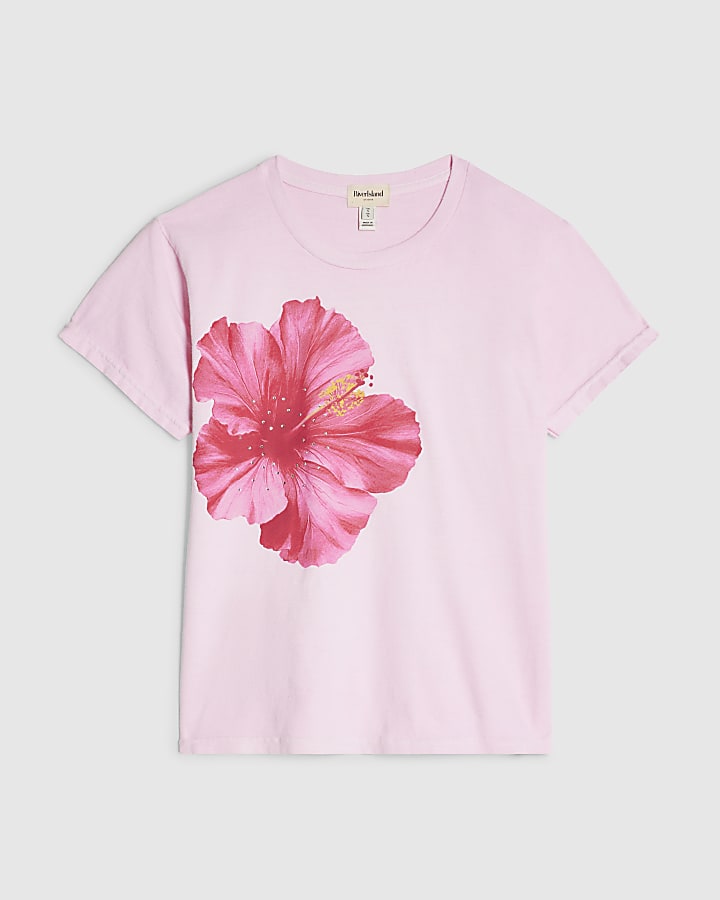 Pink Cotton Short Sleeve Hibiscus T-shirt