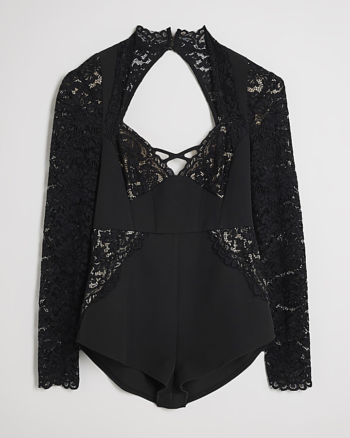 Black Premium Lace Tuxedo Playsuit