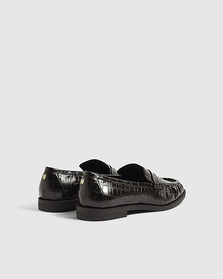 Black Faux Leather Croc Ruched Loafers
