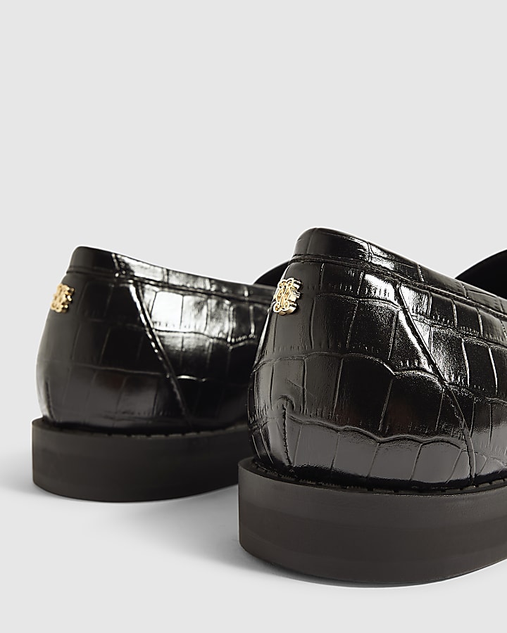 Black Faux Leather Croc Ruched Loafers