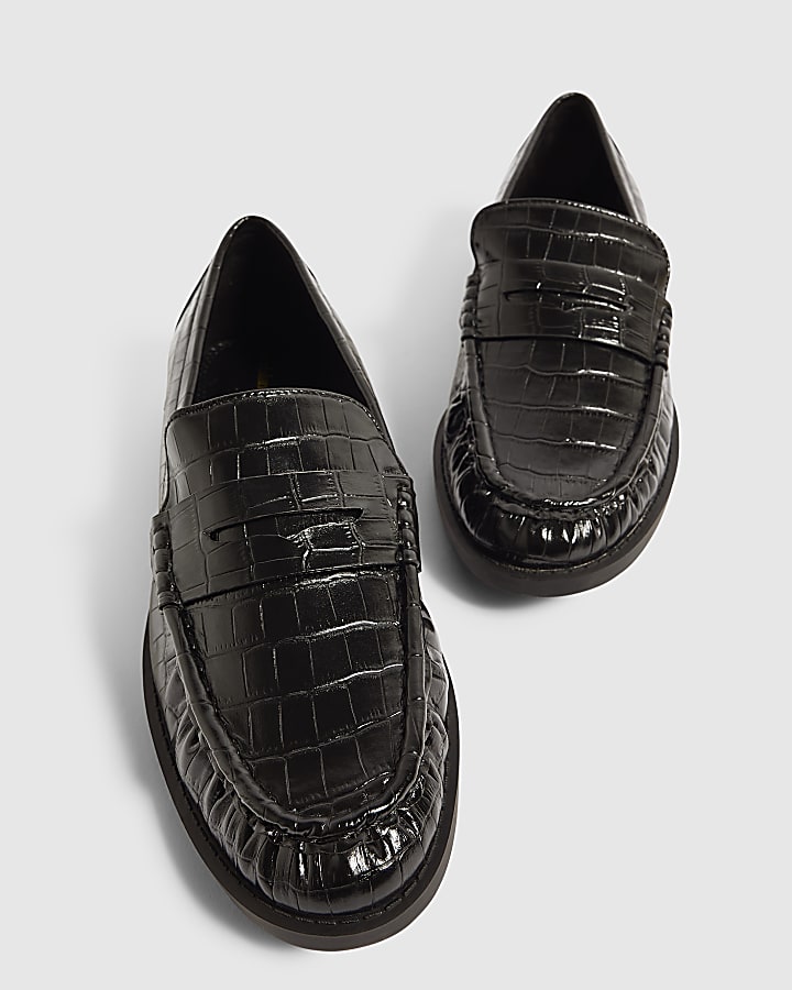 Black Faux Leather Croc Ruched Loafers