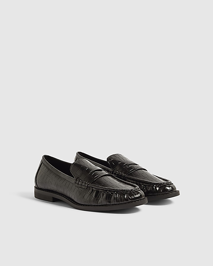 Black Faux Leather Croc Ruched Loafers