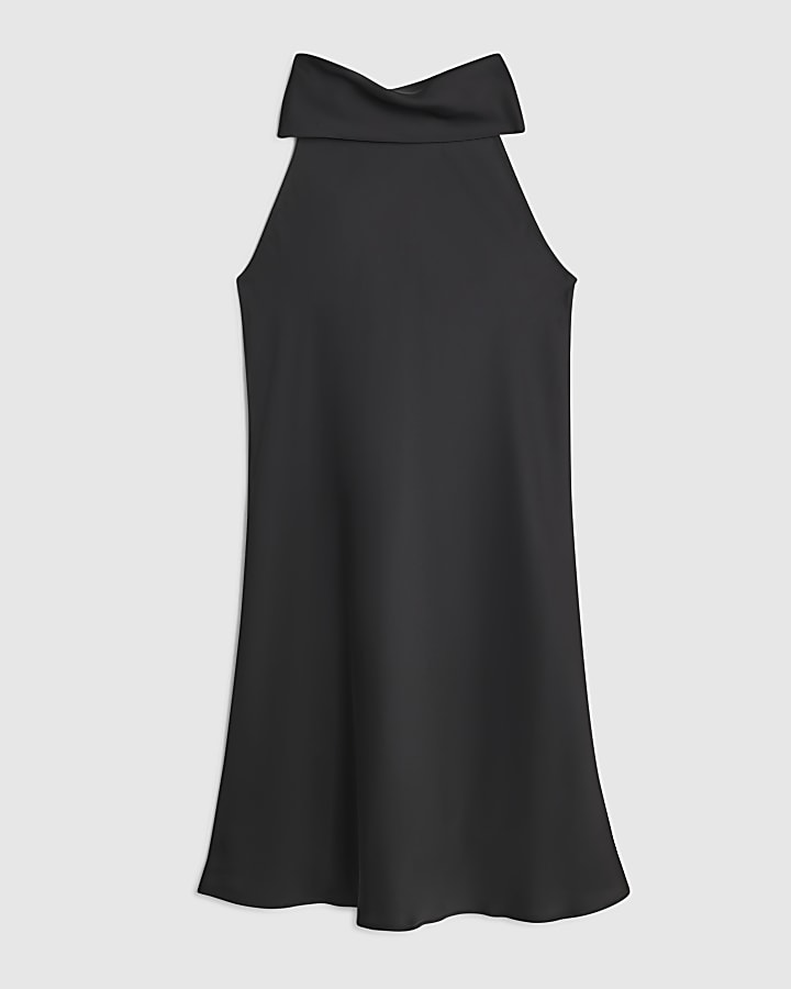 Black Satin Fringe Halter Mini Dress
