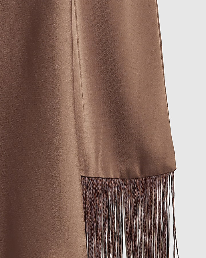 Brown Satin Fringe Halter Mini Dress
