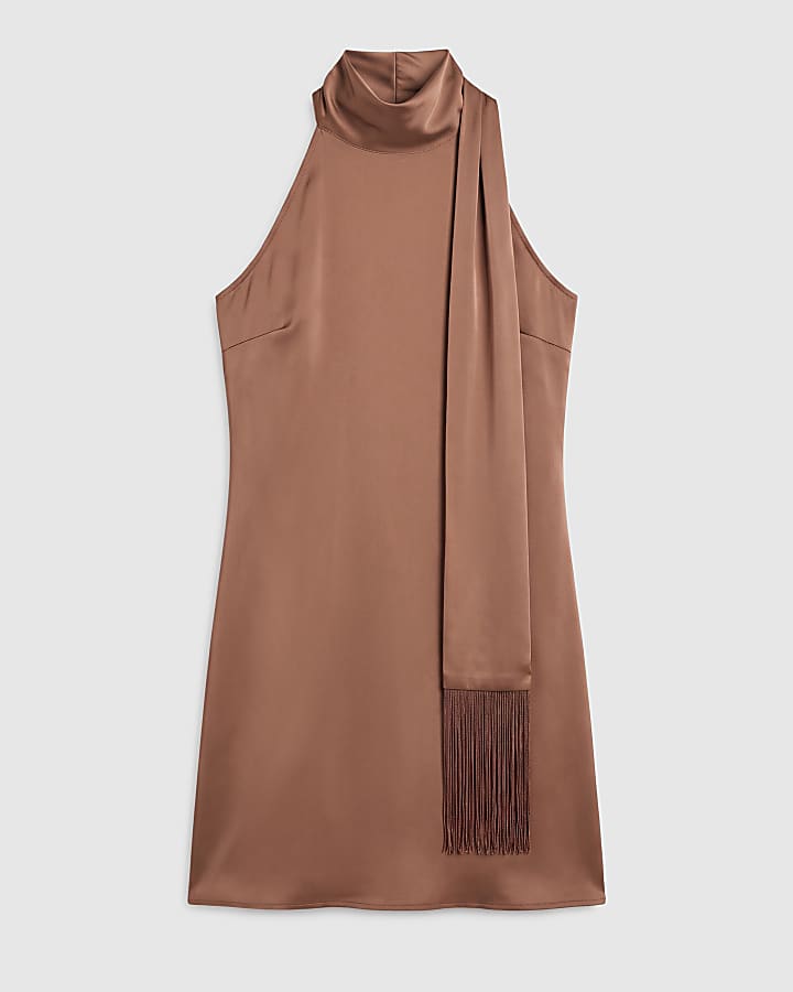Brown Satin Fringe Halter Mini Dress