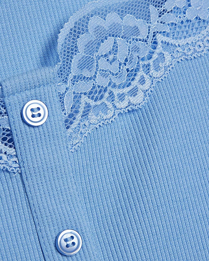 Blue Lace Trim Ribbed Long Sleeve Top