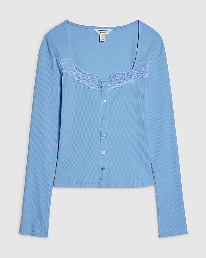 Blue Lace Trim Ribbed Long Sleeve Top