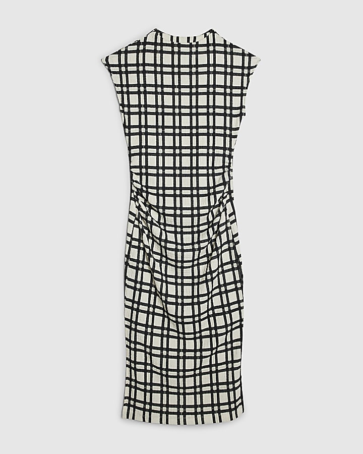 Cream Check Grown On Sleeve Textured Dress