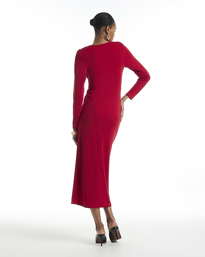 Red Drape Front Long Sleeve Midi Dress