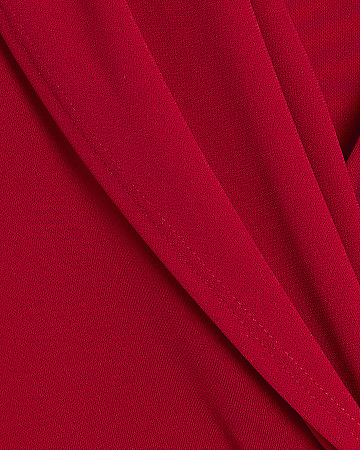 Red Drape Front Long Sleeve Midi Dress