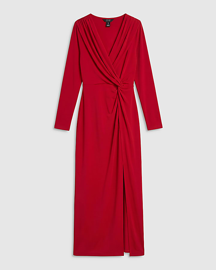 Red Drape Front Long Sleeve Midi Dress