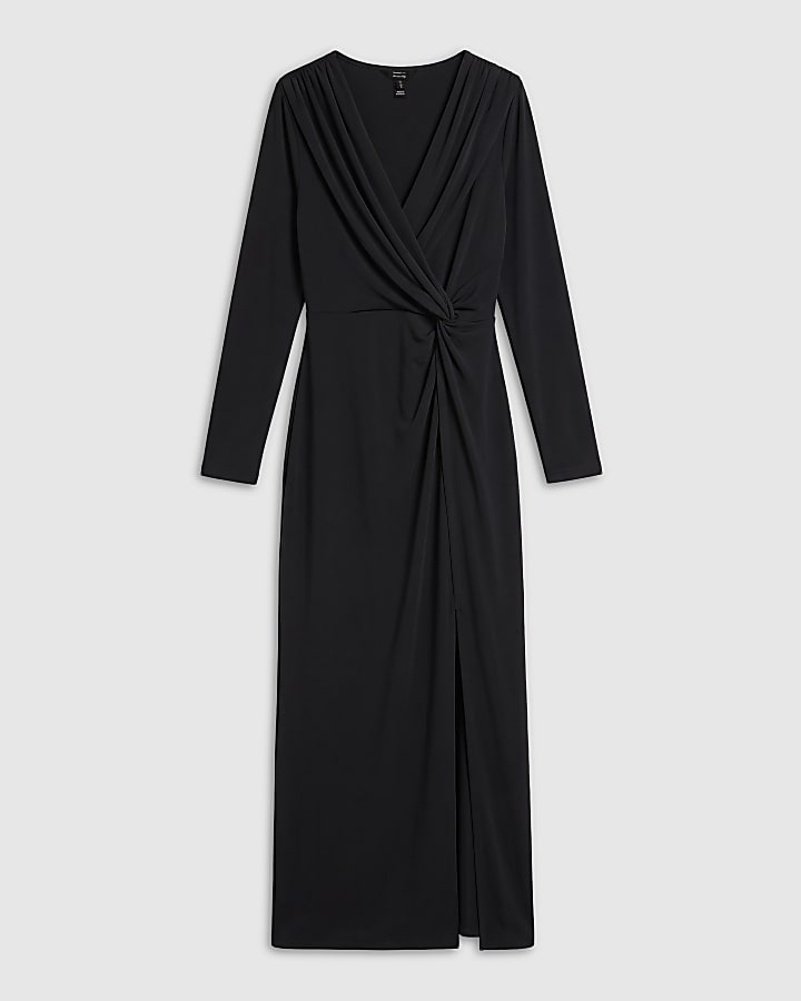Black Drape Front Long Sleeve Midi Dress