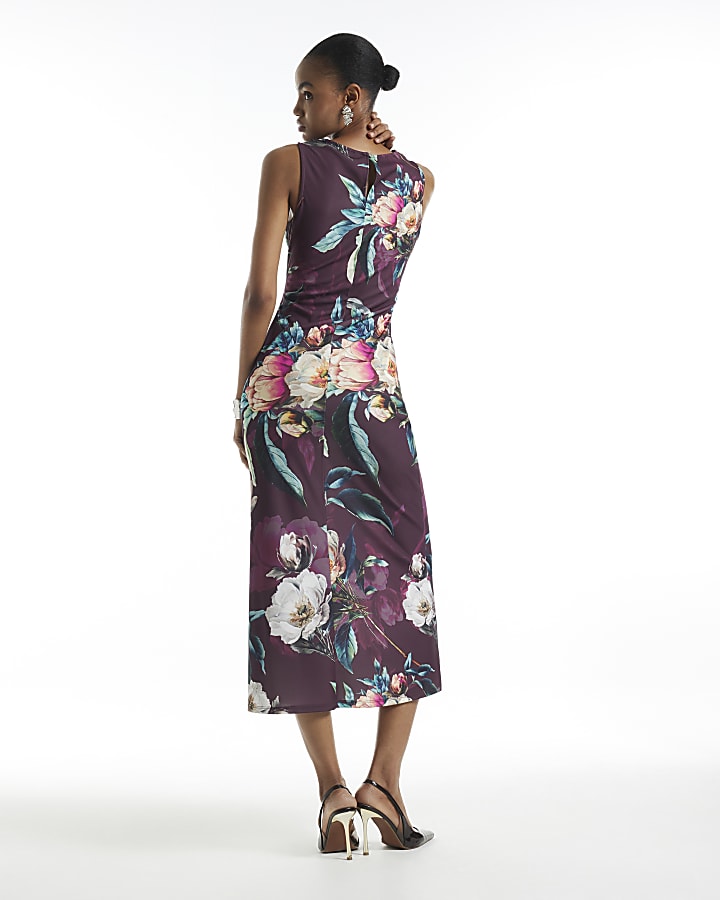 Purple Floral Ruched Midi Dress