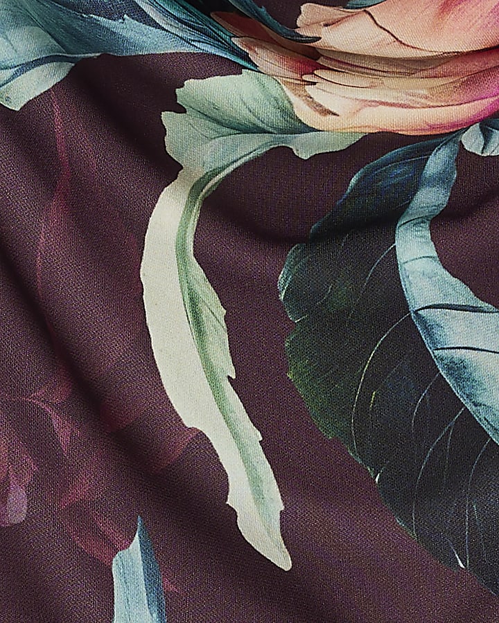 Purple Floral Ruched Midi Dress