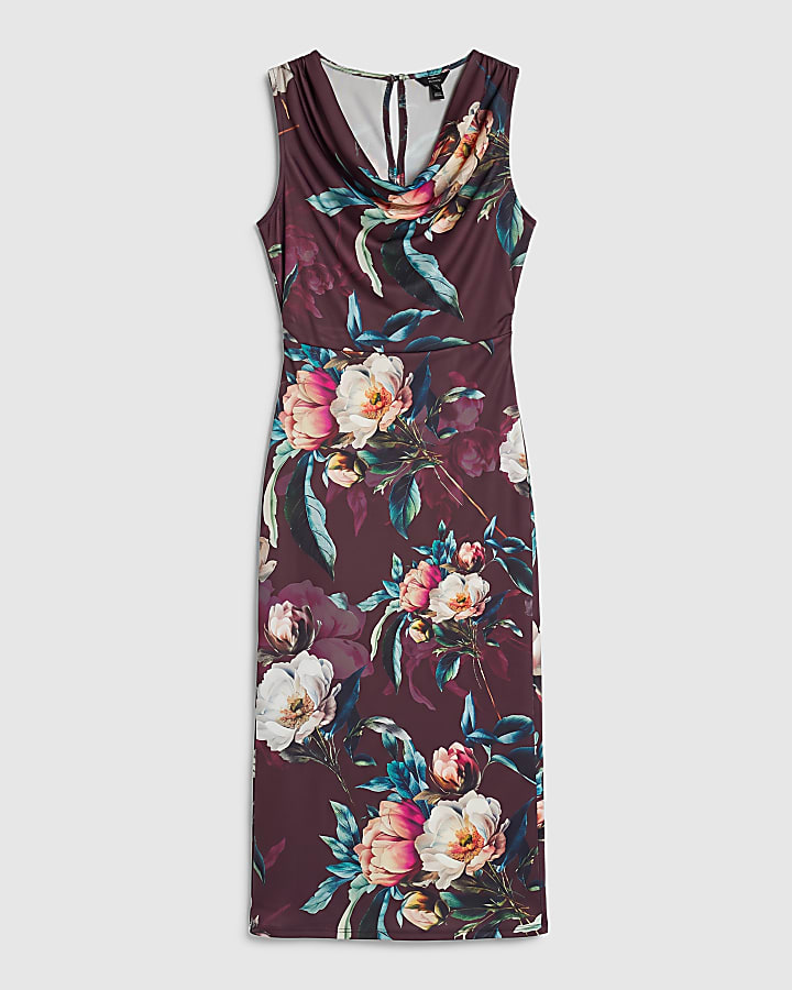 Purple Floral Ruched Midi Dress