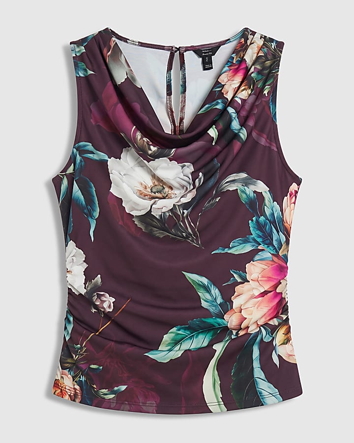Purple Mesh Floral Ruched Sleeveless Top