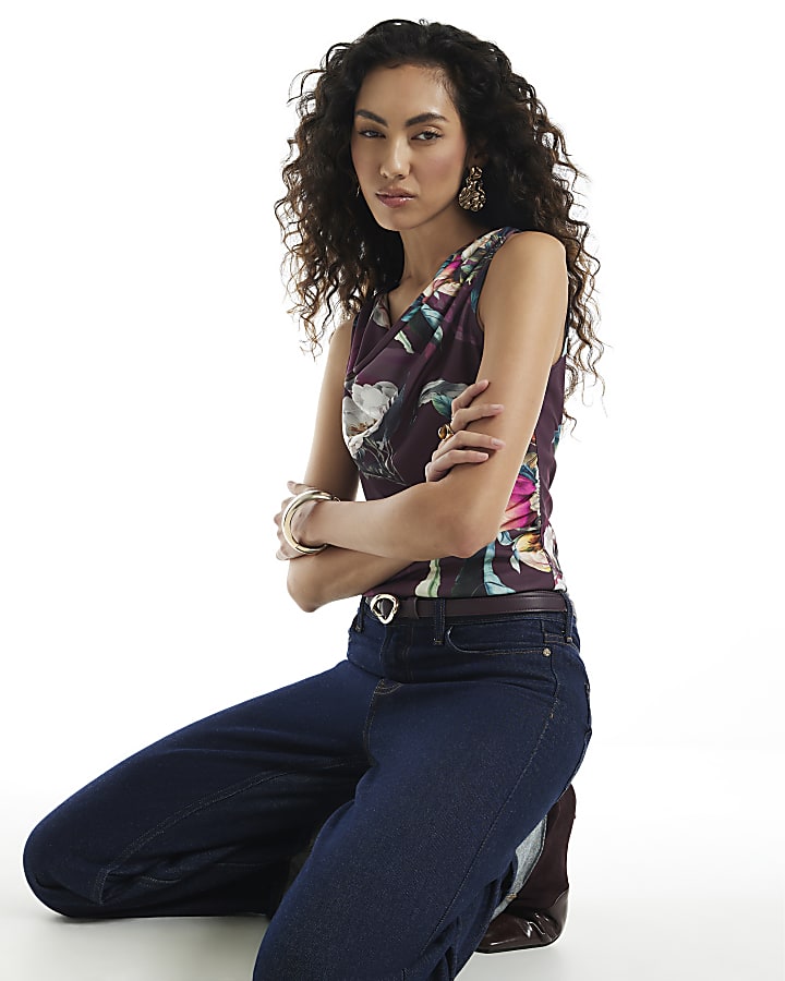 Purple Mesh Floral Ruched Sleeveless Top