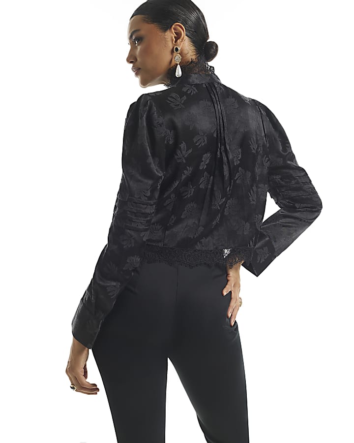 Black Satin Jacquard Lace Trim Satin Top
