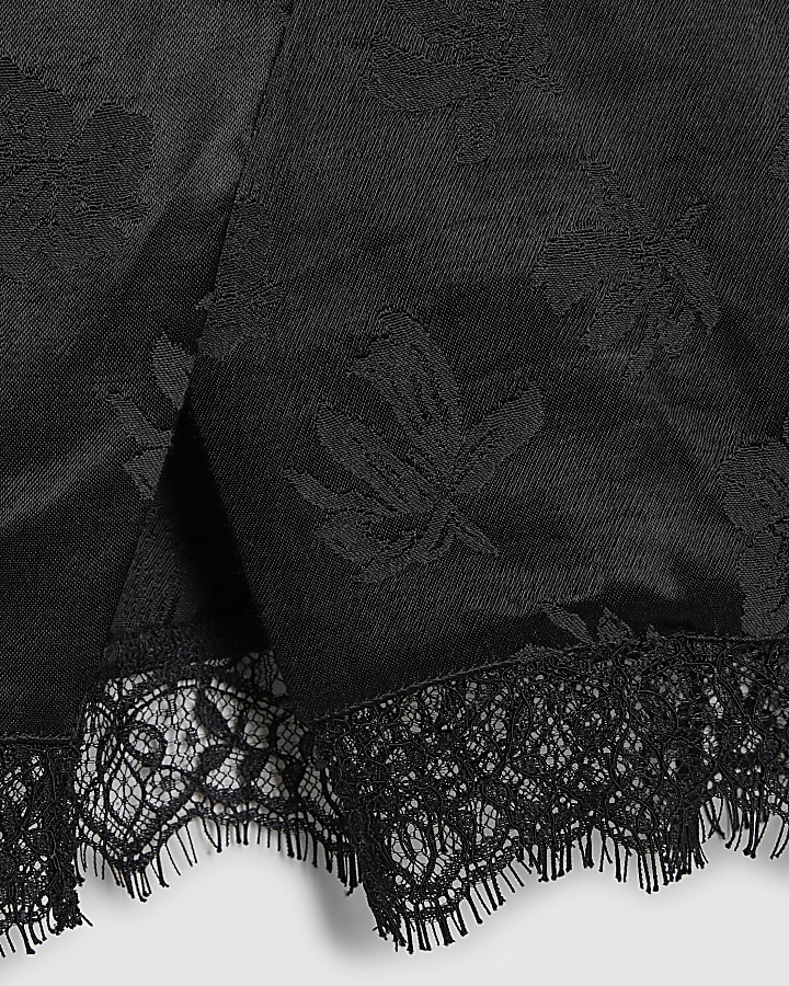 Black Satin Jacquard Lace Trim Satin Top