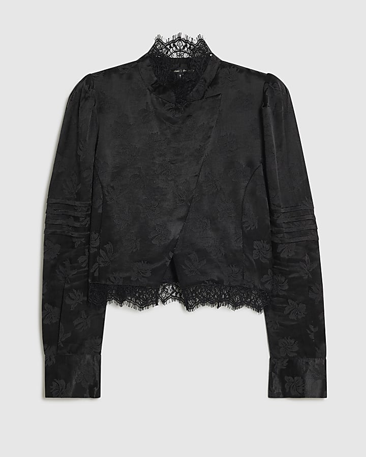 Black Satin Jacquard Lace Trim Satin Top