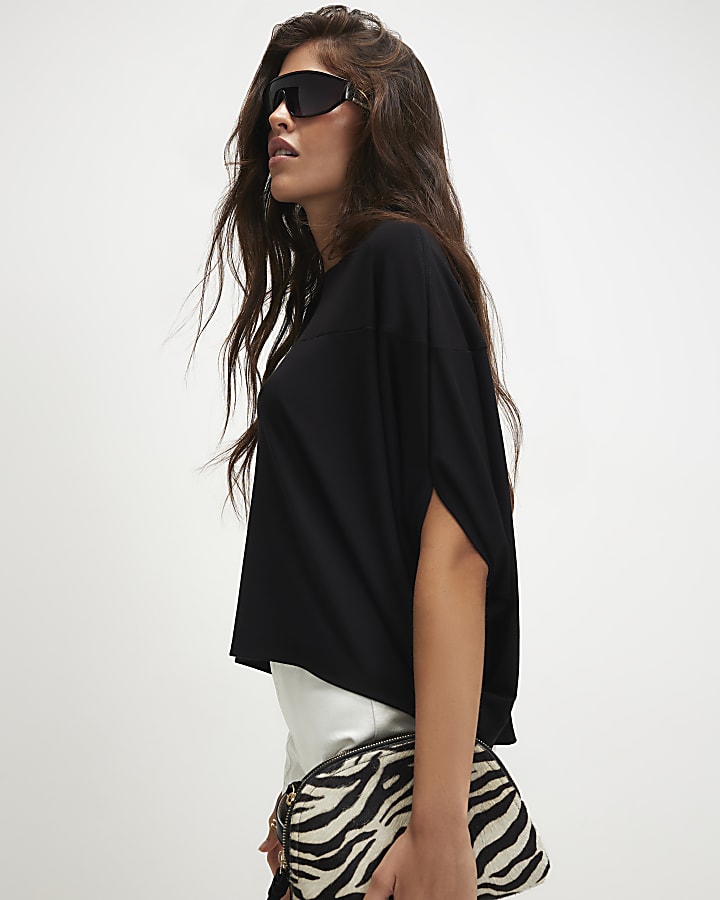 Black Short Sleeve Cape Top