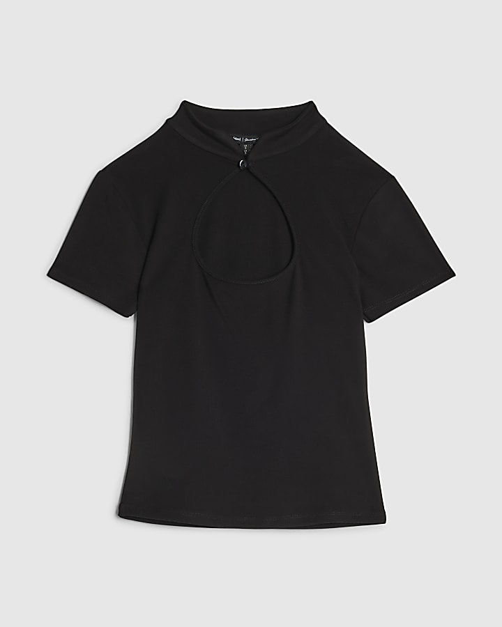 Black Short Sleeve Keyhole Top