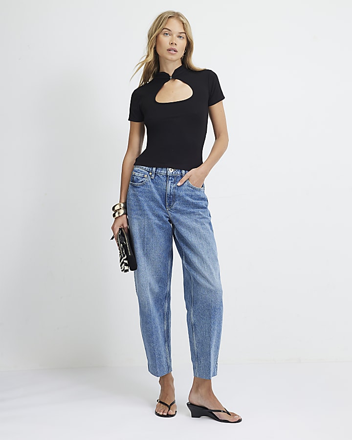 Black Short Sleeve Keyhole Top