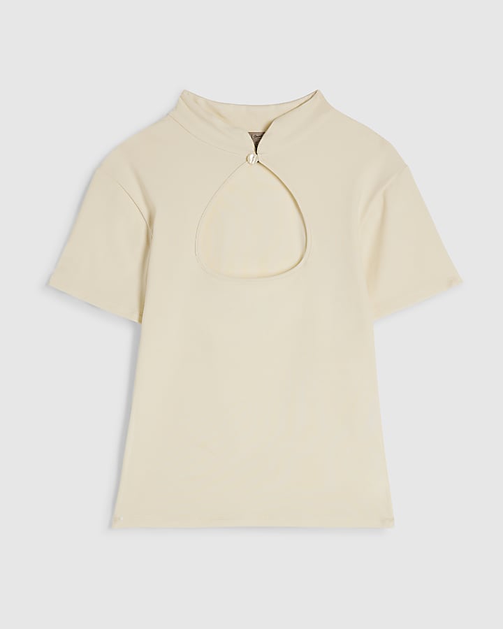 Cream Short Sleeve Keyhole Top