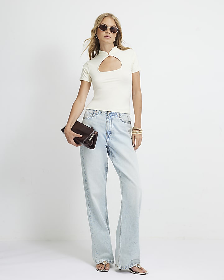 Cream Short Sleeve Keyhole Top