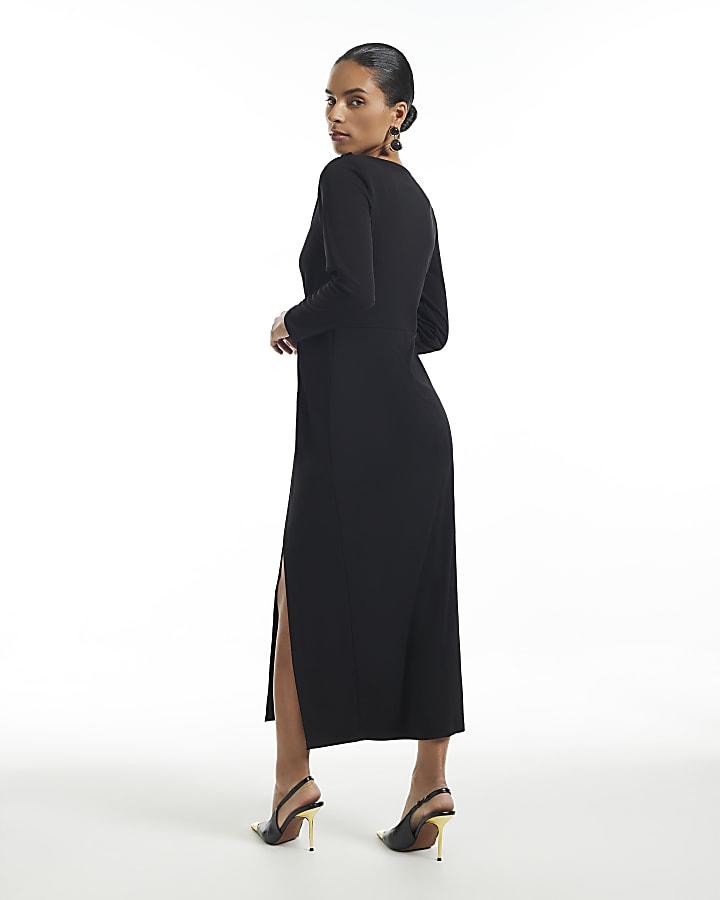 Petite Black Drape Front Midi Dress