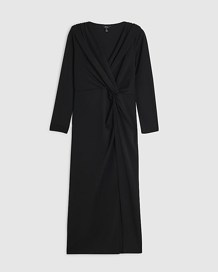 Petite Black Drape Front Midi Dress