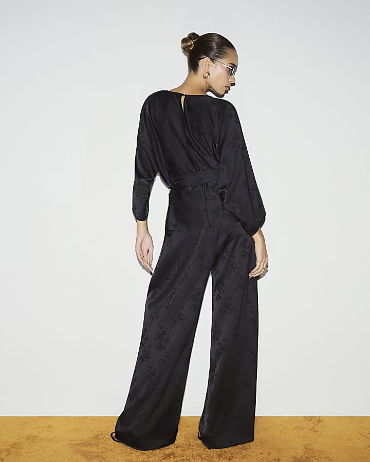 Black Floral Print Obi Belt Batwing Top