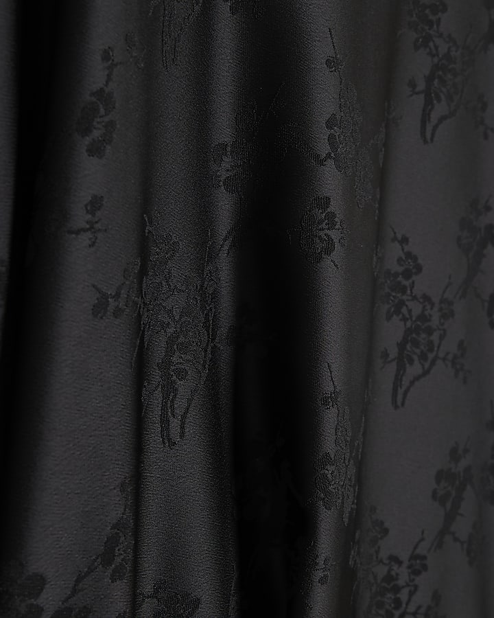 Black Floral Print Obi Belt Batwing Top