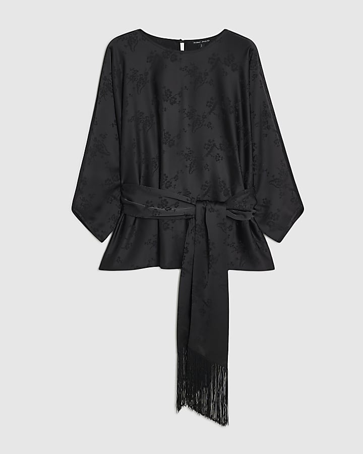 Black Floral Print Obi Belt Batwing Top