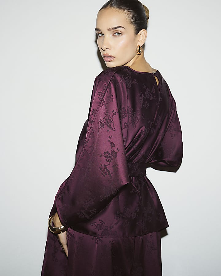 Burgundy Floral Print Obi Belt Batwing Top