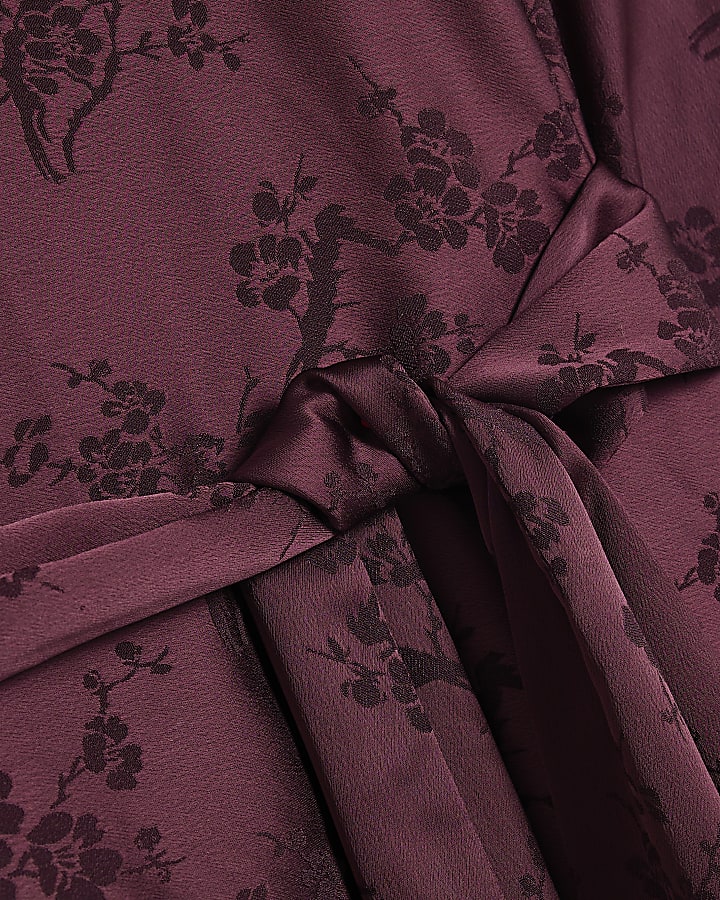 Burgundy Floral Print Obi Belt Batwing Top