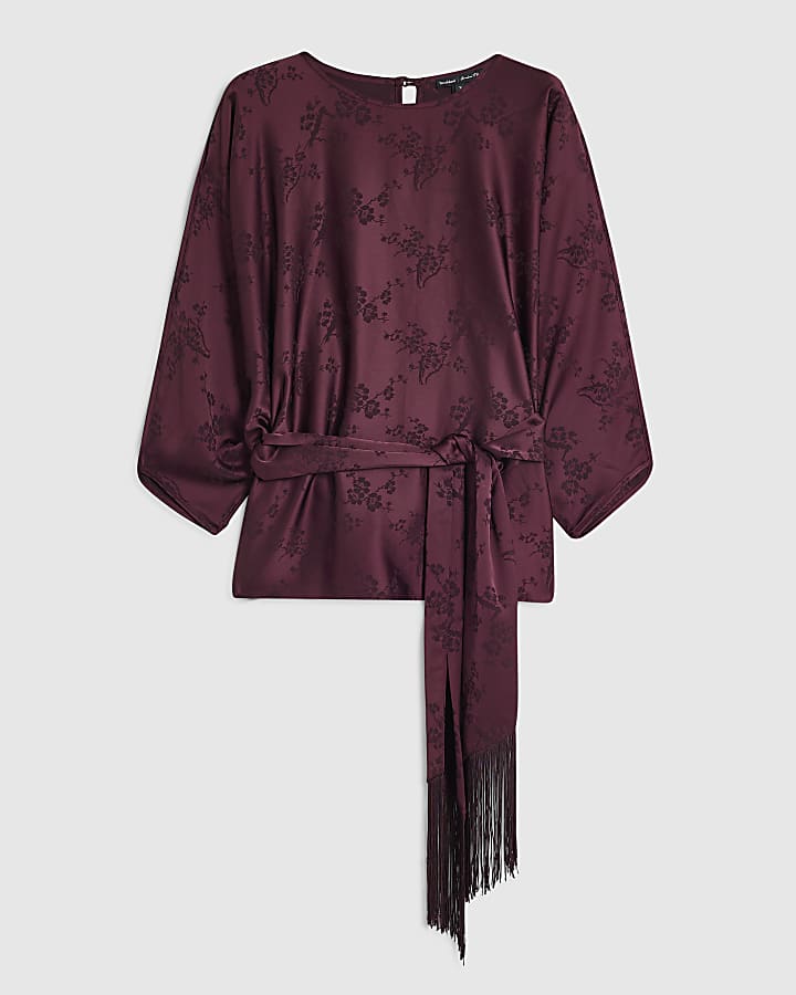 Burgundy Floral Print Obi Belt Batwing Top
