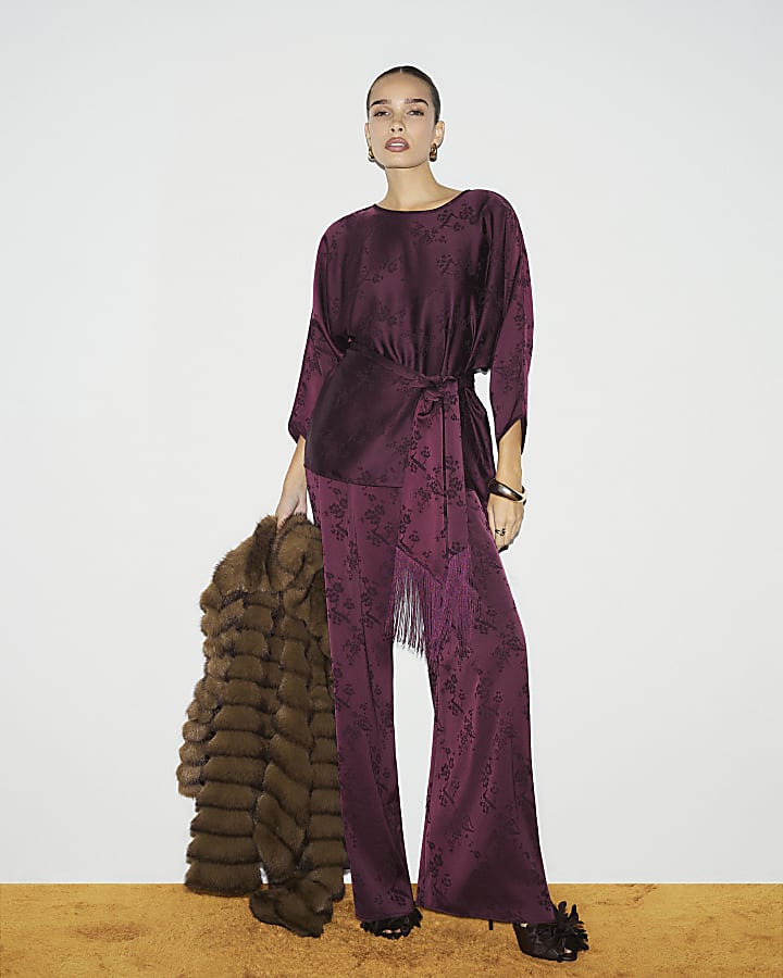 Burgundy Floral Print Obi Belt Batwing Top