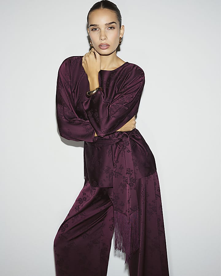Burgundy Floral Print Obi Belt Batwing Top