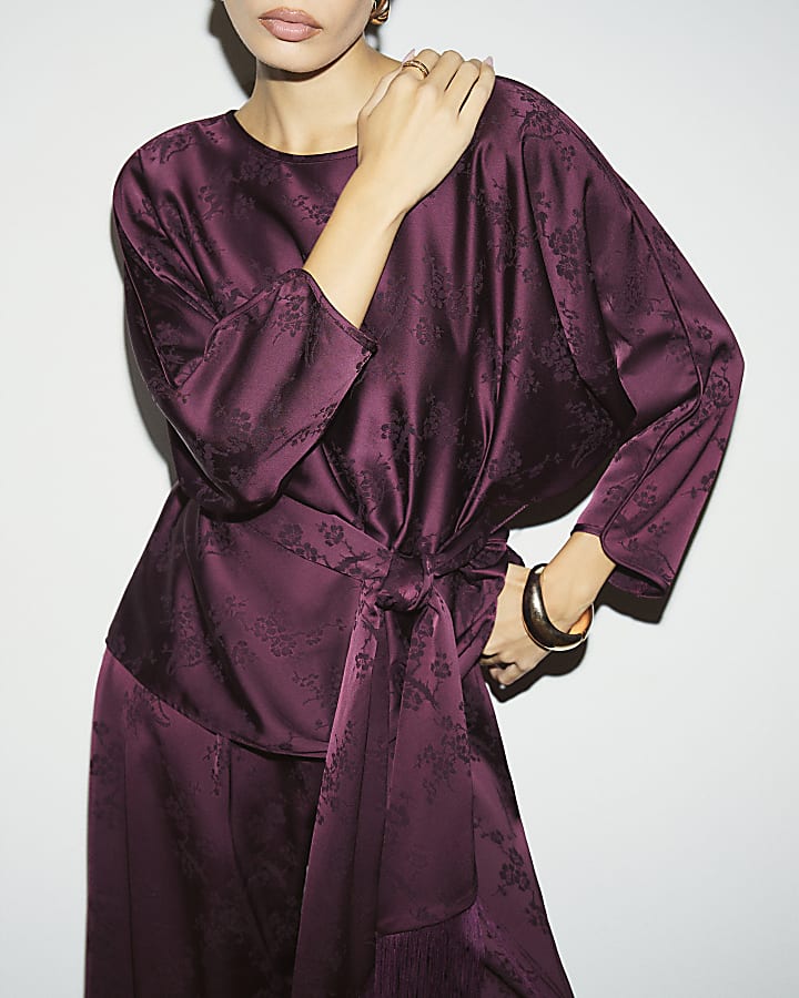 Burgundy Floral Print Obi Belt Batwing Top